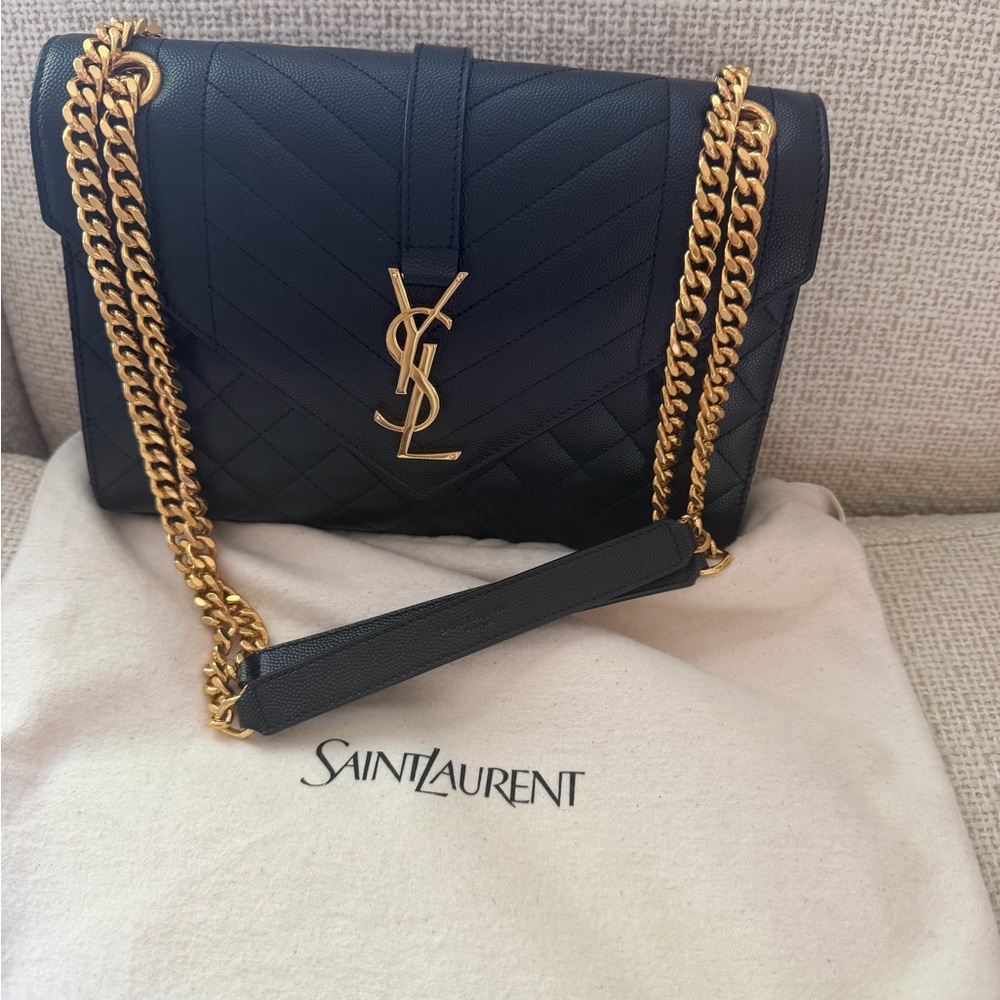 Saint Laurent Envelope Black Quilted Leather Shoulder Bag with Gold Chain